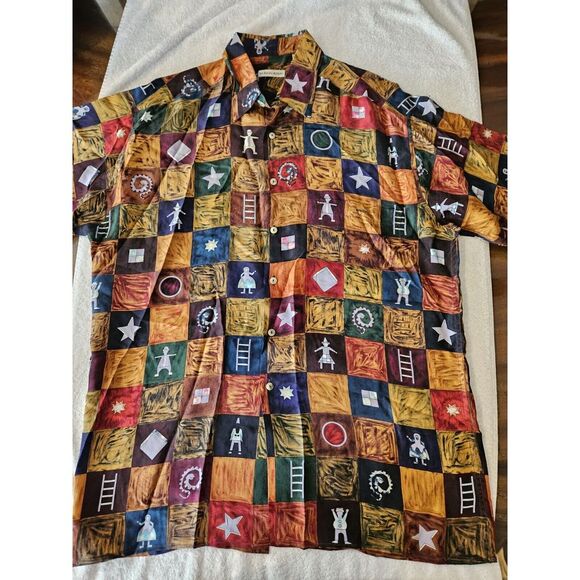 Burma Bibas Shirt Men's L 100% Silk Short Sleeve Button Down Snakes People 90s - Picture 1 of 3